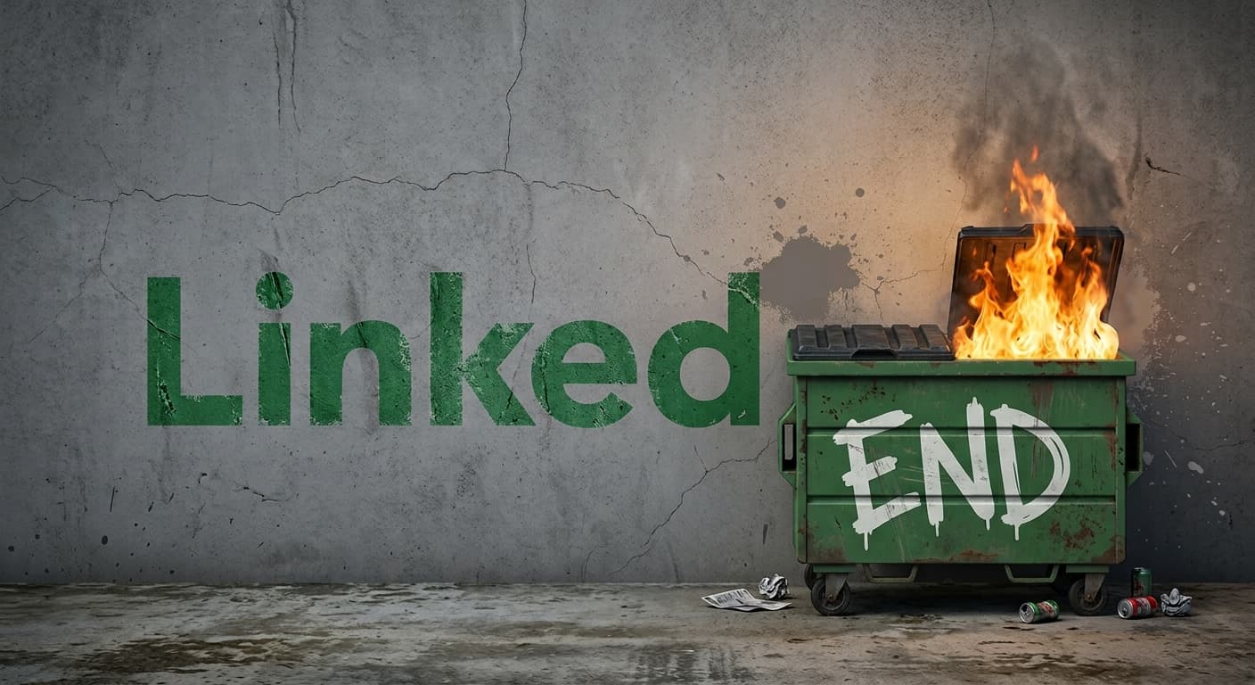 LinkedEnd — Linked, then a square badge holding a burning dumpster with END graffiti'd on it